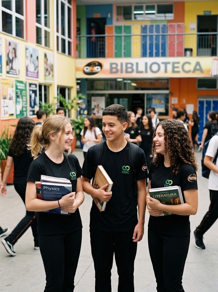 Três estudantes do Colégio Nova Geração caminhando com livros nas mãos em frente à biblioteca da escola